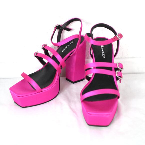 Lisa Vicky Babe-V Strappy Platform Sandal Size 7 NWT Raspberry Satin - Picture 1 of 6
